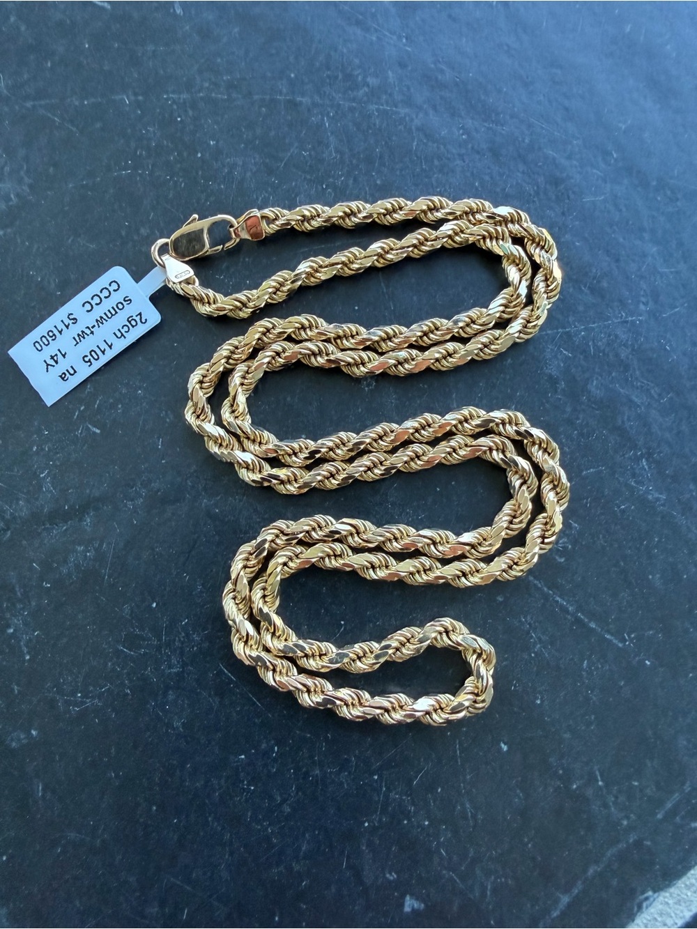 14kt Yellow Gold Solid Rope Chain Necklace 22” long